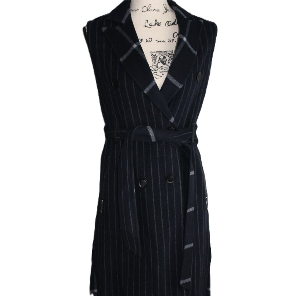 NWT -- BCBG  MaxAzria Abigail Long Pinstripe Navy Vest/Trench Dress -- XXS